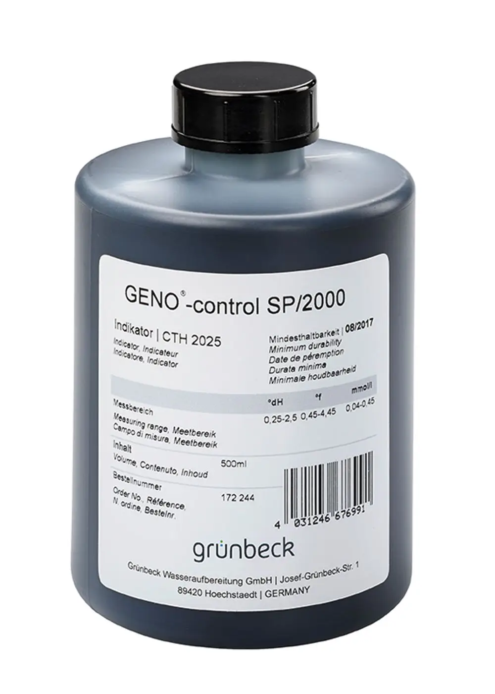 Schwarze Kunststoffflasche mit klarer Beschriftung. Enthält einen Resthärte-Indikator von Grünbeck mit Messbereich für Wasserhärte. Inhalt: 500 ml.